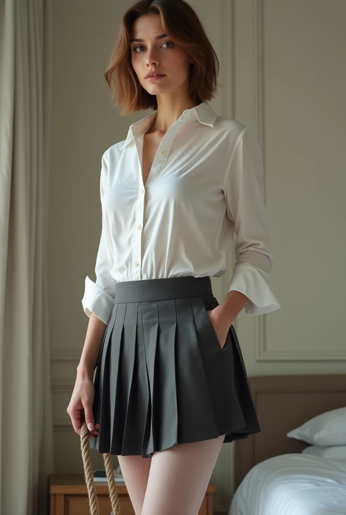 A really low-angle full-length realistic photo from below, of a pretty 1 Caucasian French western woman standing in a plain hotel bedroom. She has short light-brown hair in a bob. She is wearing a tight white button-up shirt, a dark-grey pleated miniskirt,...