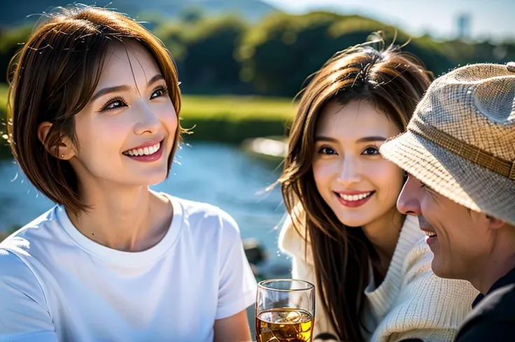 (Realistic, 超Realistic:1.4), 16k hdr, High resolution,Brown short hair,The best smile、Slim couple、Model Couple、Japanese actress,Super Beauty(Like the real thing),Short sleeve dress,Whiskey Bottle、The Macallan、Johnnie Walker、、Old Parr、whiskey、Suntory、Nikka、...