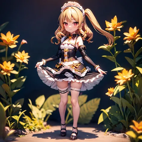 ((Maid)),Frills,corset,Cute little ,Tiny Lori,Small girl,,Childish face, Very fine clean face,Top quality, Big eyes,Straight Hair,Yellow hair,Crimson Eye,(Dark Room), Subtle light, Natural light,Soft lighting,Light from directly behind, (Are standing), Cut...