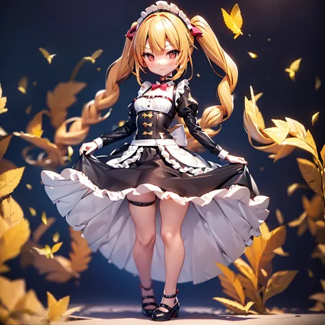 ((Maid)),Frills,corset,Cute little ,Tiny Lori,Small girl,,Childish face, Very fine clean face,Top quality, Big eyes,Straight Hair,Yellow hair,Crimson Eye,(Dark Room), Subtle light, Natural light,Soft lighting,Light from directly behind, (Are standing), Cut...