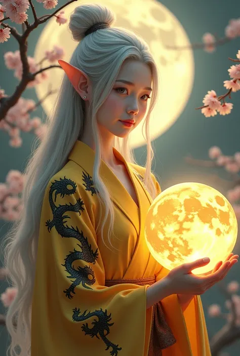 A beautiful young Asian woman with flowing silver hair and delicate elf ears stands amidst a tranquil natural landscape. She wears an elegant yellow kimono decorated with intricate black dragon patterns. She holds a glowing golden moon gracefully in her ha...