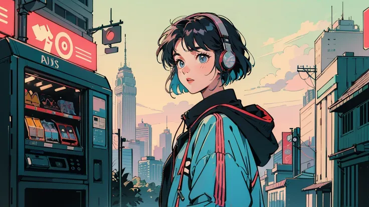 Retro-futuristic Tokyo evening, One woman with short hair, She had pastel-colored hair and a holographic jacket.. She is standing at a busy intersection, Headphones playing city pop. Her eyes are glued to the vintage vending machine., Expressions that evok...