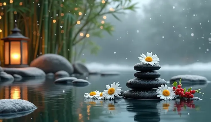 Create a serene Christmas spa scene set by a calm, reflective pond surrounded by snow-dusted bamboo stalks. In the foreground, stacked smooth black spa stones are arranged elegantly, with delicate white daisies resting beside them, their petals gently touc...