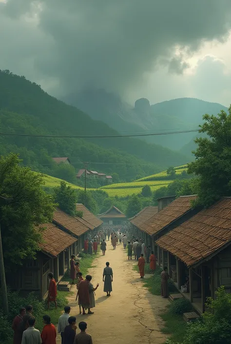 The first illustration shows a peaceful village nestled between green hills, but there is a sense of unease. Villagers are arguing in the market square, children are crying, and crops are withering under a cloudy sky