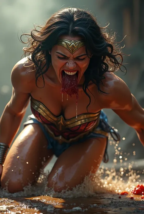 portrays a powerful, action-packed scene where a sweaty muscular Wonder Woman is being punched in the stomach by an unseen woman. Wonder Womans face contorted in pain, nausea and sickness. Wonder Womans mouth is open as she vomit- with a lot of water and s...