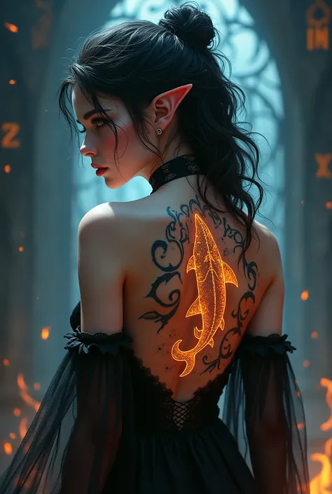  a picture of a ((tattoo of a shark: 1.5)) on the back of a female elf with, Dark fantasy art, fantasy art, goth art,, a glowing tattoo of a ((shark: 1.5)) on the back of the elf, the ((shark tattoo)) is vivid, intricate detailed coming to life from the in...