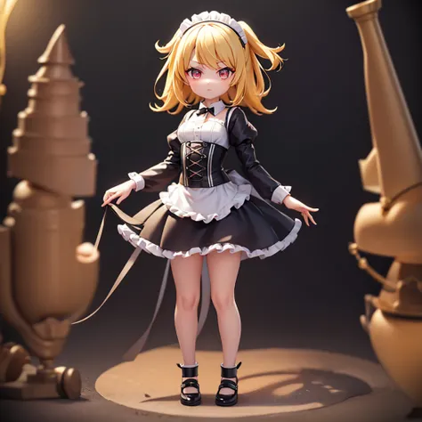 ((Maid)),Frills,corset,Cute little ,Tiny Lori,Small girl,,Childish face, Very fine clean face,Top quality, Big eyes,Straight Hair,Yellow hair,Crimson Eye,(Dark Room), Subtle light, Natural light,Soft lighting,Light from directly behind, (Are standing), Cut...