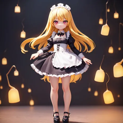 ((Maid)),Frills,corset,Cute little ,Tiny Lori,Small girl,,Childish face, Very fine clean face,Top quality, Big eyes,Straight Hair,Yellow hair,Crimson Eye,(Dark Room), Subtle light, Natural light,Soft lighting,Light from directly behind, (Are standing), Cut...