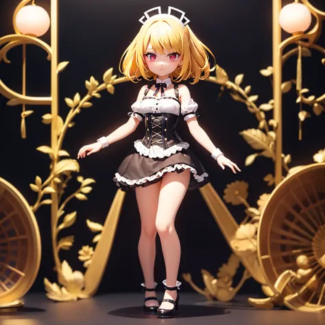 ((Maid)),Frills,corset,Cute little ,Tiny Lori,Small girl,,Childish face, Very fine clean face,Top quality, Big eyes,Straight Hair,Yellow hair,Crimson Eye,(Dark Room), Subtle light, Natural light,Soft lighting,Light from directly behind, (Are standing), Cut...