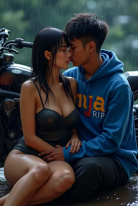 Realistic Picture of Indonesian Couple, wearing a blue hoodie with writing "MZ RIP" colorful on top, Beautiful woman, overweight, fair skin, big breasts, strong body, Wet hair fell around her face., giving the impression that he had just been caught in the...