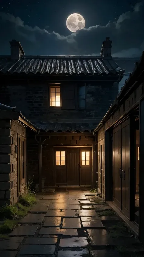 Dark night full moon rural a broken house outdoor courtyard fence 