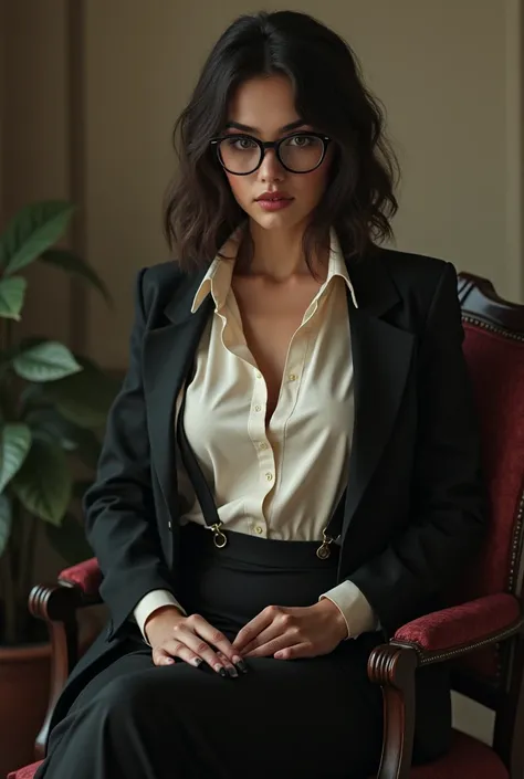 A young French secretary wearing glasses, tetas grandes, chemise fermer entièrement, jacket, pantalon, pas de soutien gorge, suspenders, Sitting on the seat, regard torride, elle regarde le spectateur, HD, high quality, Fine details, Precise details, very ...