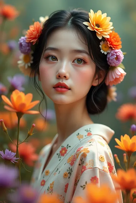 profile portrait of pretty young woman in a vibrant, floral setting. The woman has delicate features, short neck, with soft, smooth skin and a glowing complexion. Her face has a gentle, upwar gaze, giving her an ethereal and graceful presence. most delicat...