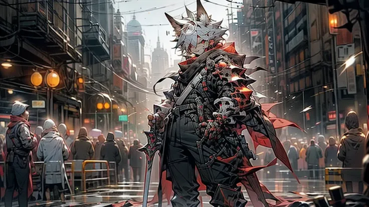 A male red fox wearing half-destroyed red metal armor was standing in the middle of the city while holding a katana that had an electric aura