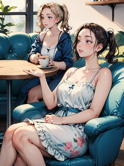 Highest quality, Super detailed, (Ultra-high resolution,8k), Ultra-high definition 4K,A digital painting of two best friends, b old, relaxing in a vintage-inspired cafe. one, with long, wavy black hair, is wearing a floral sundress and sipping on a latte. ...