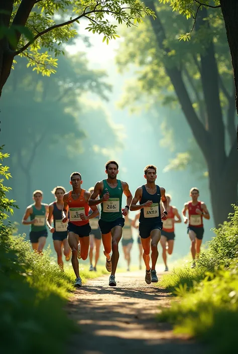 A marathon athletes  running in a park with forest