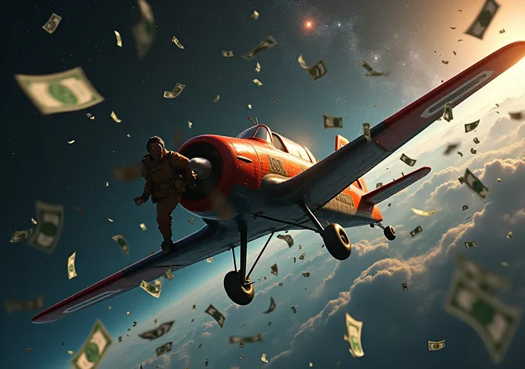 A small old plane with red and black colors flying over the universe, with the pilot parachuting and several dollar bills around