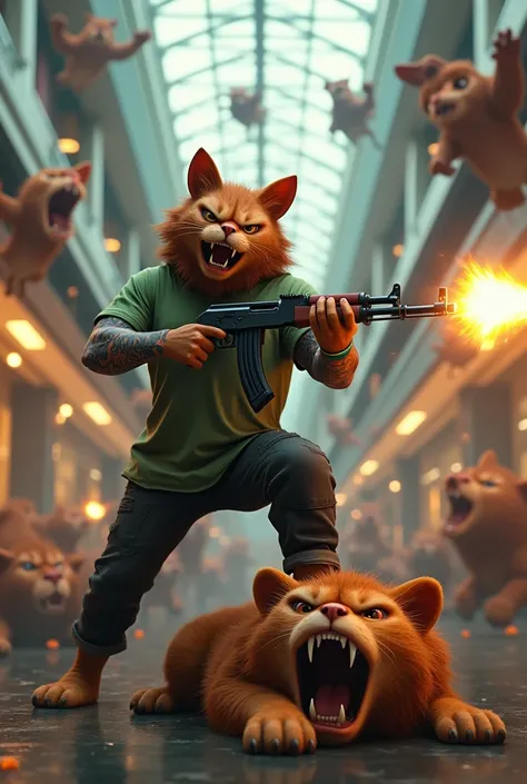 A cinematic 3d style,,A large, anthropomorphic billu cat with a muscular build and tattooed arms sits, It has a angry expression and, billu cat in a green shirt and black paint .Billu the cat is running with an AK-47 in both hands being fired from the gun,...