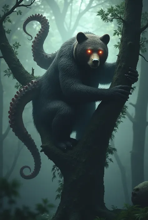 
A bear with octopus tentacles instead of paws, using its agile tentacles to climb a tree in a misty forest, with glowing eyes and sleek, wet fur.
