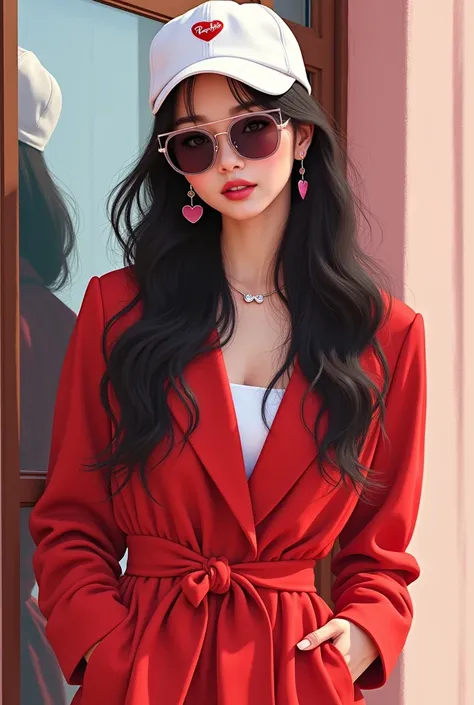 realistic image,digital illustration of a beautiful korean girl with big eyes, and long wavy hair. She is wearing a rayban, white cap, red contemporary style, jeans and heart-shaped earrings, hand on pocket, aesthetic is trendy, selfie mirror, realism, min...