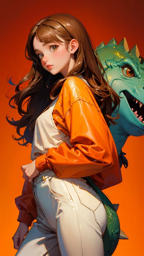 girl like dinosaur , long saddle brown hair (#8B4513), wise crypto sage, wise face, wearing ornate brown robes with saddle brown blockchain symbols, standing next to a friendly brown Stegosaurus, holding an ancient wooden staff with a glowing crypto token,...