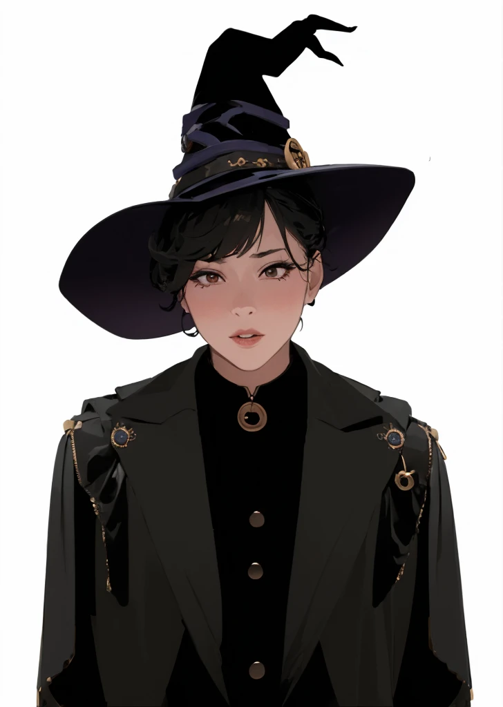 (masterpiece:1.4), (Best quality:1.4), (high resolution:1.4), ((masterpiece)),((best quality)),(detailed),illustration,8k,rich and colorful, High contrast，solo，hat，black background，Witch帽，Simple background，Looking at the audience，1个60岁Witch，Black headdress...