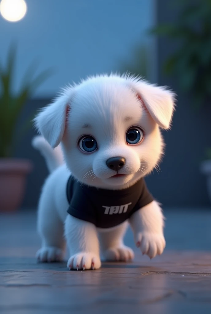 A white puppy with blue eyes、Wearing a black Puma Lycra T-shirt、3D animation of sexy crawling on a terrace at night 