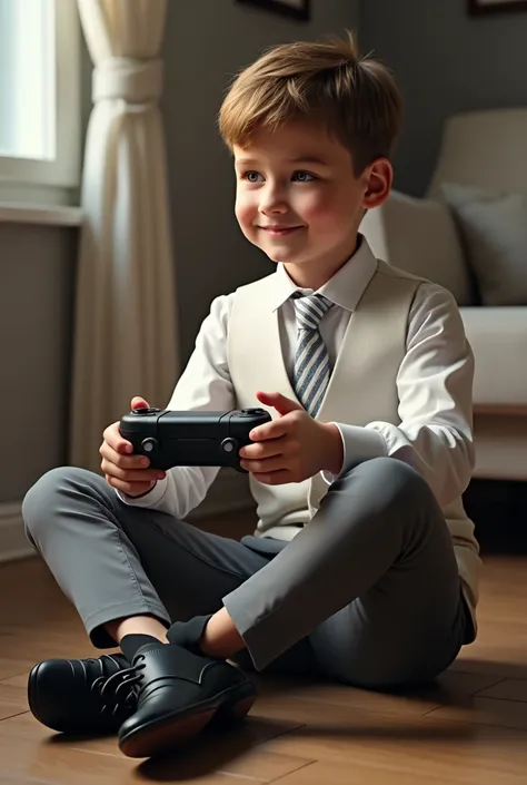 (realistic photo)  A boy with brown blonde hair and a white shirt., white vest  , y corbata blanca con rayas grayes, azules y grayes., pants, gray, with very good shoes, very formal and  (elegant) in the room playing free fire 