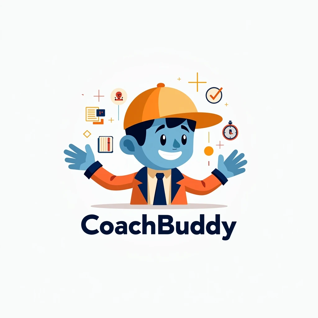 Design a cartoonish and vibrant logo for "CoachBuddy", An application that assists coaches in lesson management and administrative tasks. The logo should focus on the figure of the coach, but with a more simplified and modern style. Use clear lines and bri...