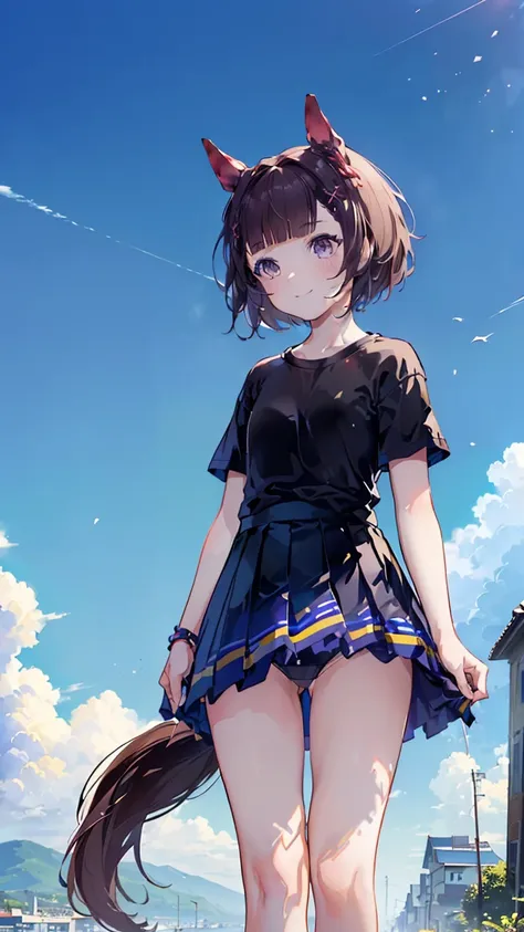 masterpiece, Highest quality, High resolution, Very detailed,(((Mikoto Naruka))), (((Horse Girl))), (((In town)))、(((blue sky)))、(((smile)))、(((Standing in the distance))), (((Wearing a black T-shirt。))), night, (((Black Mini Skirt))), (((Underwear is visi...