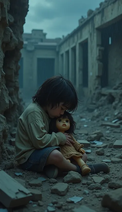 A sad child holds a doll and sits among the rubble of a broken house at night and rain 