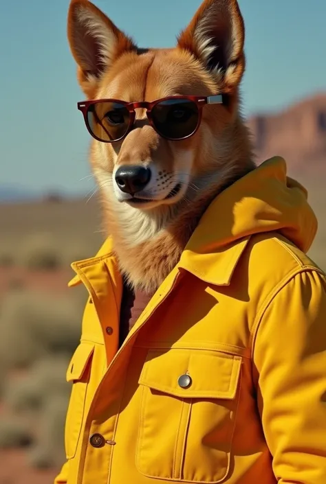 Animal fashion photography，Wearing a very smart casual jacket and sunglasses is a 1960s fashion style, All clothes are one color, Beautiful background