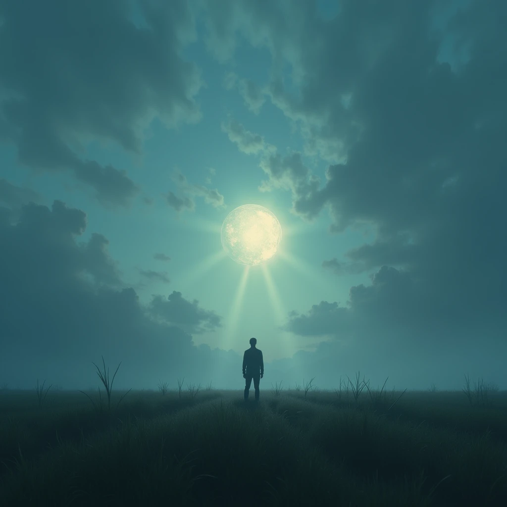 Create a surreal, dark-themed landscape inspired by the movie Interstellar, featuring a glowing spherical object floating in a mystical sky sending a beam of light on ground. The sky should have ethereal blue hues with misty clouds, and instead of cliffs o...