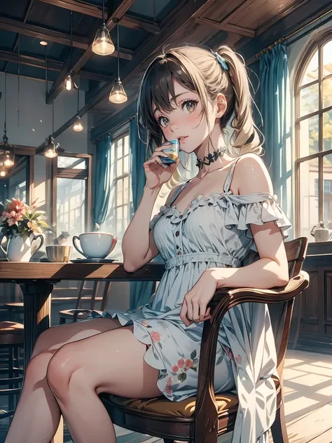 Highest quality, Super detailed, (Ultra-high resolution,8k), Ultra-high definition 4K,A digital painting of two best friends, b old, relaxing in a vintage-inspired cafe. one, with long, wavy black hair, is wearing a floral sundress and sipping on a latte. ...