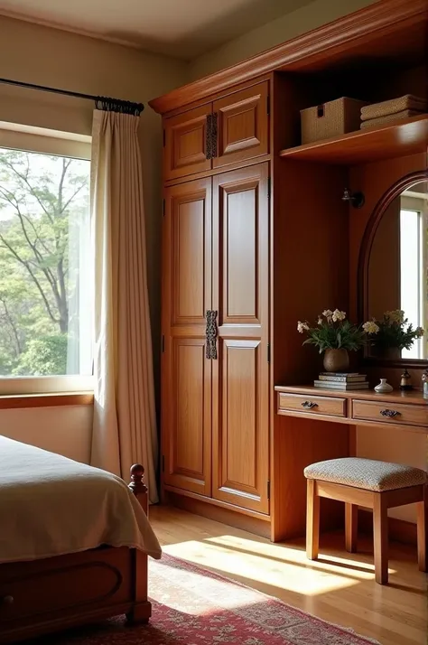 Image of south indian style bed room with shelves to store clothes, double door wardrobe, mirror table with racks, one bed opposite to window, clothes hanger.