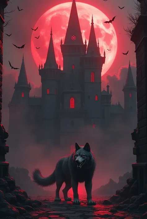 Red and black, grey color 3d palace, horror looking, 3d bats flying, a 3d muscular wolf there, youtube thumbnail size