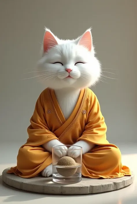 A white cat in Buddhist clothing, sitting in meditation pose looking at a glass of water with earth floating inside as an allegory of the mind filled with thoughts