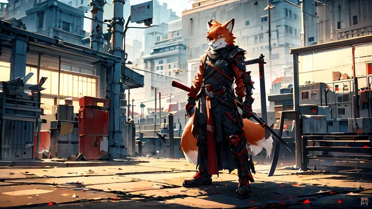 A male red fox wearing half-destroyed red metal armor was standing in the middle of the city while holding a katana that had an electric aura