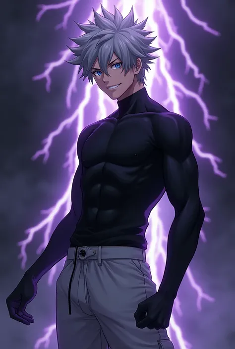 20 year old male. (Grey hair 1.5) Spike hair. Blue eyes, beautiful eyes. . black clothes. White baggy pants. (Muscular body) (Grinning). black background. (Purple lightning effect) (Magic light) (Action pose)
