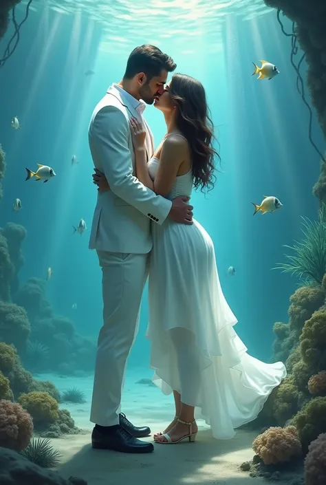 Create white 
man wearing white suit and black shoes 
Inside sea  and her wife hug and kiss
His 
wife have big ass