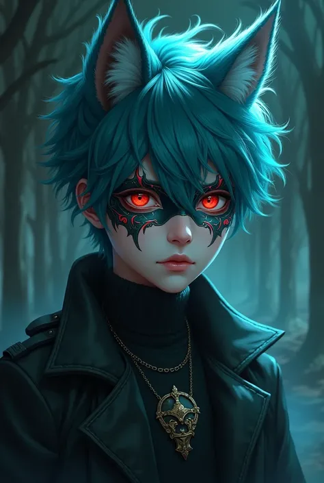 Dark blue-green hair、Red Eyes、He had a fox mask on the side of his face.、Draw a young man wearing something like a mask over his mouth.