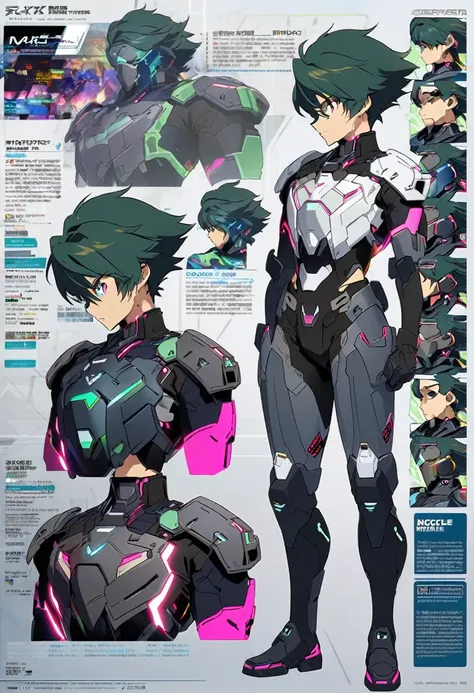 side and rear views、a character model sheet depicting the same character from three angles、  anime boy in futuristic clothing, c...