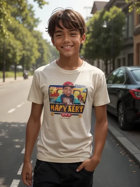 boy, tanned skin, t-shirt, happy