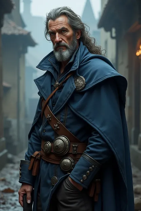  roguish man who is a business negotiator with pirates, ruffians and bandits. Ensuring that the company he represents as an agent isnt targeting by those criminals. Fantasy medieval clothes. Grays and blues. Silver arcane pip pin on collar.