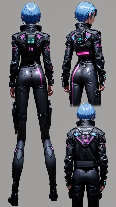 young man in front, side and rear views、cyberpunk、a character model sheet depicting the same character from three angles