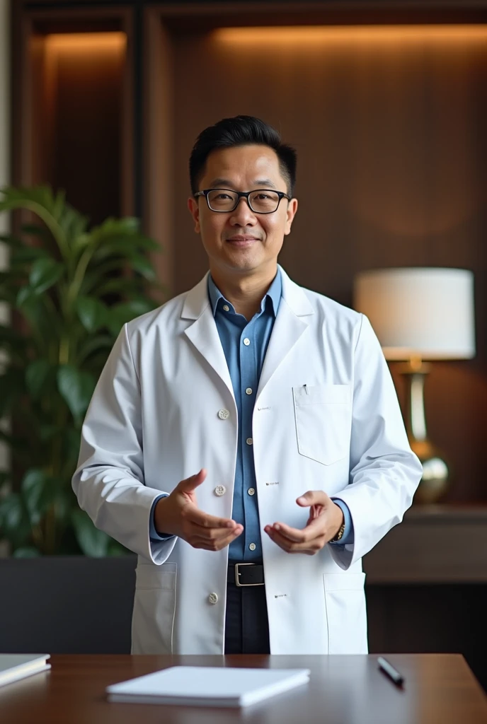 A handsome indonesian man wearing white doctor jacket, glasses, army hair cut,  wearing white doctor jacket with inner  blue shirt, standing explaining healthy life and infront of him a table , the situation in great decoration room with photography standa...