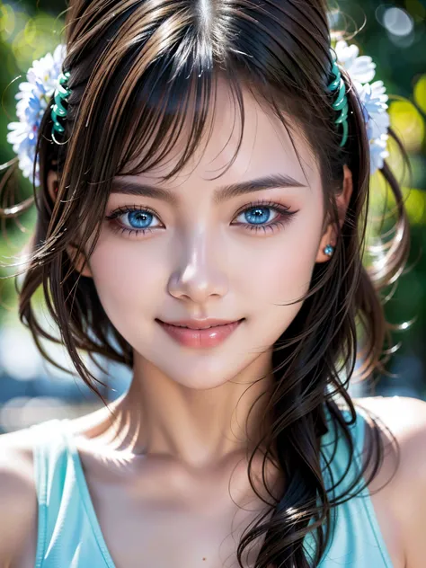 ((masterpiece、Highest quality、Ultra high definition、High resolution))、solo、Beautiful girl、Shining Eyes、Perfect Eyes、blue eyes、1、Large Bust、Green Theme、With a smiling smile、
