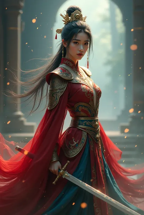 (looking at viewer), digital art ilustration, depth of field, cinematic light, chiarosaurio, mist, particles, sparks,reflections, a female princess (Disney princess Mulan, Dilraba Dilmurat) wearing chinese princess armor holding sword, holy light, cinemati...