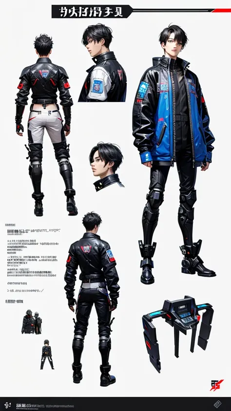 young man in front, side and rear views、cyberpunk、a character model sheet depicting the same character from three angles、whole b...