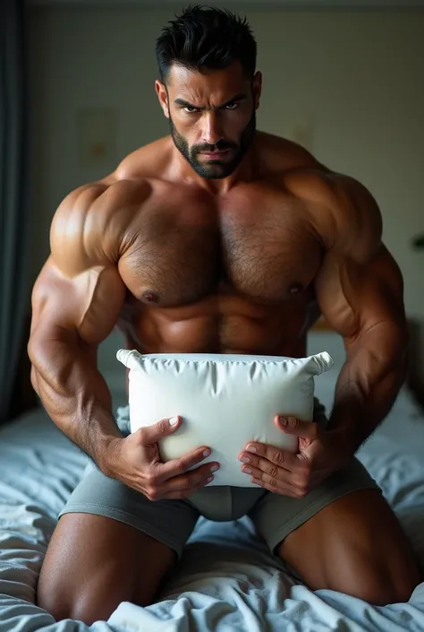 a muscular bodybuilder, heavy hairy chest, man with dark short hair, wearing only worn grey tight underwear showing gigantic bulge, shirtless, with massive hairy pecs, really hairy armpits, heavily wet skin, big arms, massive trapezium muscle, perfect mass...